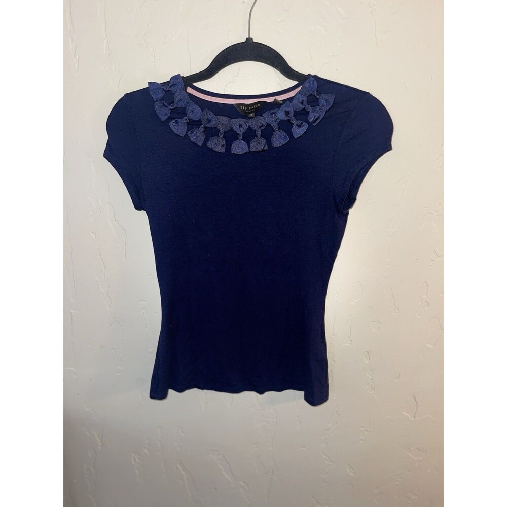 Ted Baker Top Women’s  Size 0 Short Sleeve Navy Blue With Bow Collar Detail